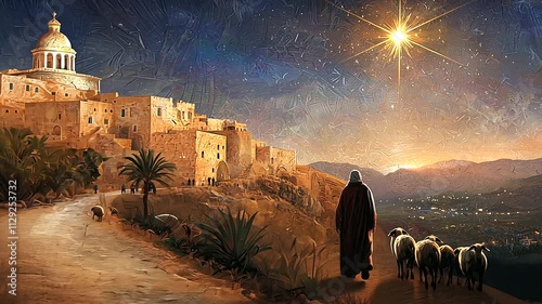 Tranquil Christmas Scene with Star Over Bethlehem Town
