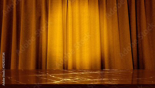 luxury black marble table counter with golden yellow curtain in thin and thick vertical folds made of sackcloth fabric at background. gold drape background with spotlight at center for advertising.