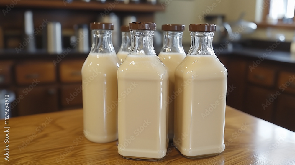 Isolated Glass Milk Bottles Filled with White Cream on Oak Table in Kitchen Isolated Glass Milk Bottles Filled with White Cream on Oak Table in Kitchen