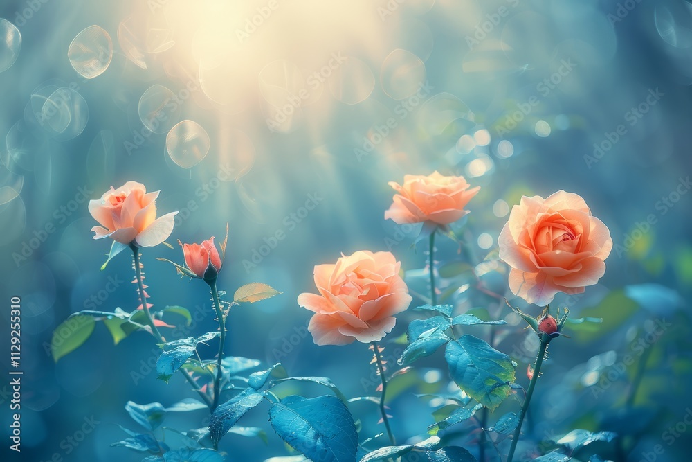 Obraz premium Five Peach Roses in Bloom, Bathed in Soft Sunlight and Gentle Rain, Creating a Dreamlike Atmosphere.