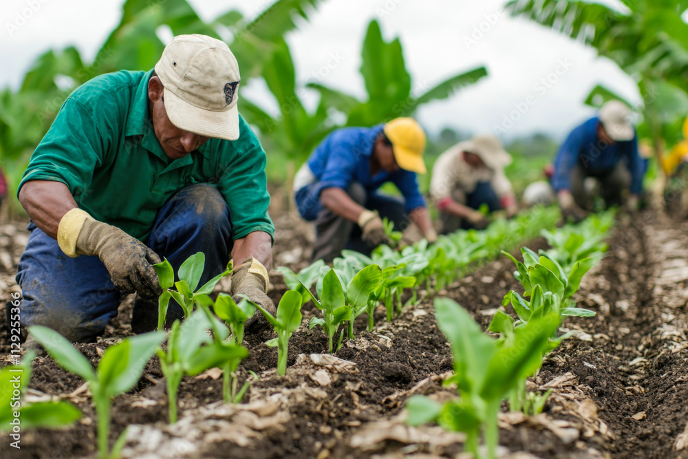Hispanic male farm workers planting young seedlings in tropical field Hispanic male farm workers planting young seedlings in tropical field