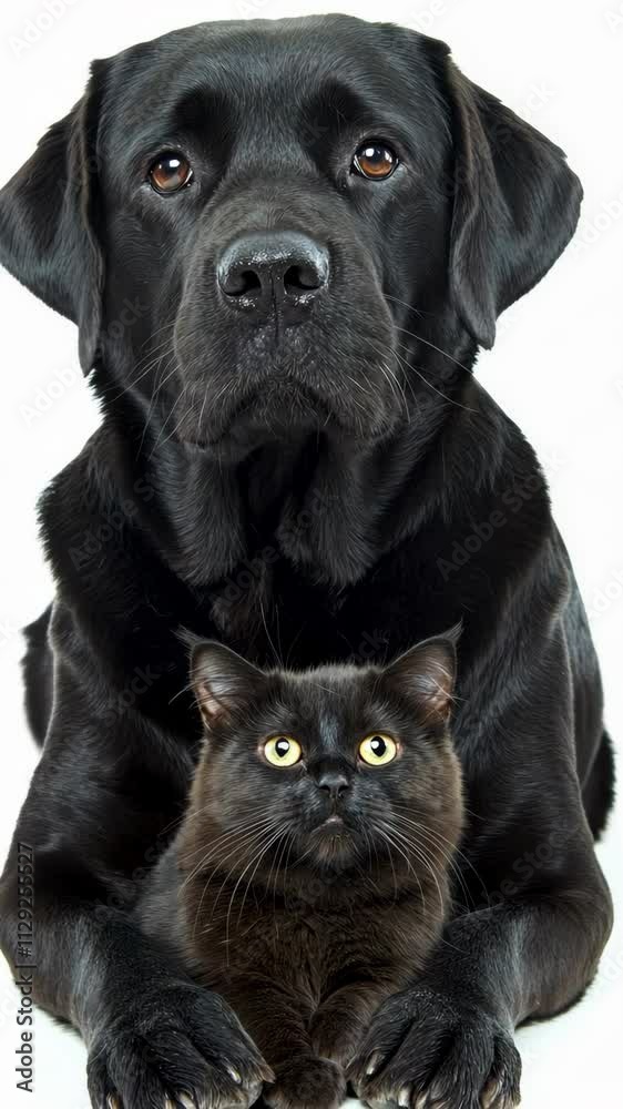 Black Labrador and a Black Cat sitting together in a cozy indoor setting Black Labrador and a Black Cat sitting together in a cozy indoor setting