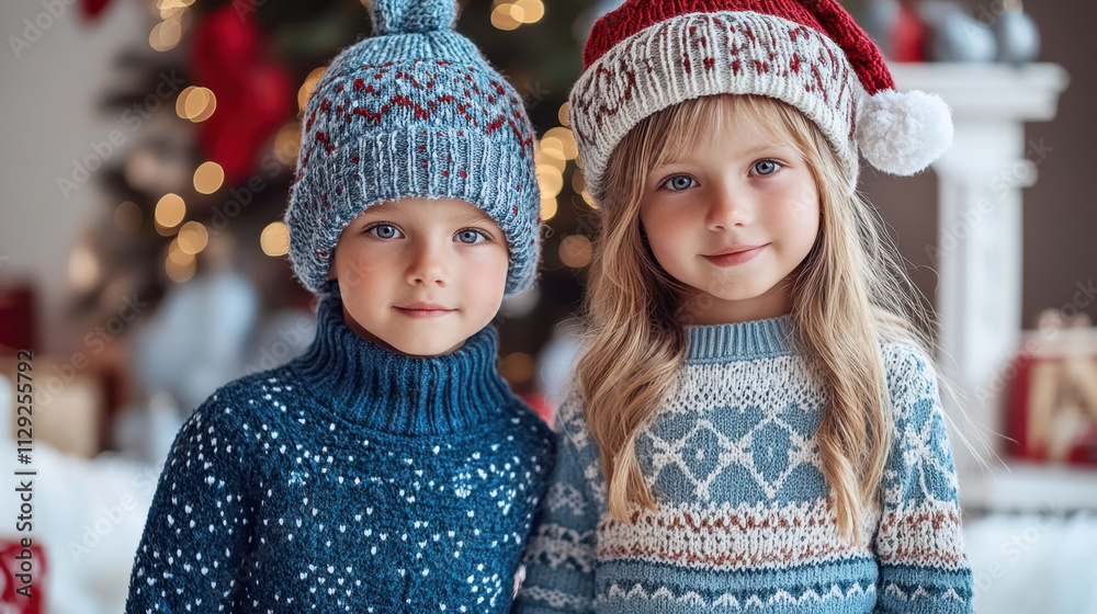 Two children smile while dressed in warm festive sweaters and winter hats. They are surrounded by Christmas decorations, creating a joyful and heartwarming holiday atmosphere. Two children smile while dressed in warm festive sweaters and winter hats. They are surrounded by Christmas decorations, creating a joyful and heartwarming holiday atmosphere.
