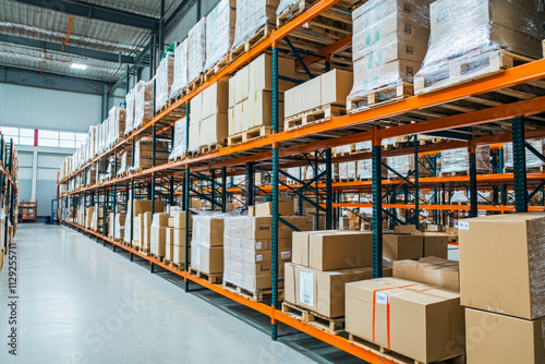 Warehouse storage facility with shelves of cardboard boxes and pallets photo