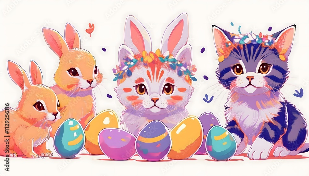 Adorable kitten playing with pastel Easter eggs, wearing a floral headband with bunny ears Adorable kitten playing with pastel Easter eggs, wearing a floral headband with bunny ears