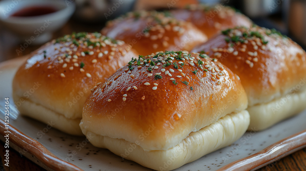 Steaming Golden Buns with Chopped Green Leaves and Sesame Seeds on a Wooden Backdrop Steaming Golden Buns with Chopped Green Leaves and Sesame Seeds on a Wooden Backdrop