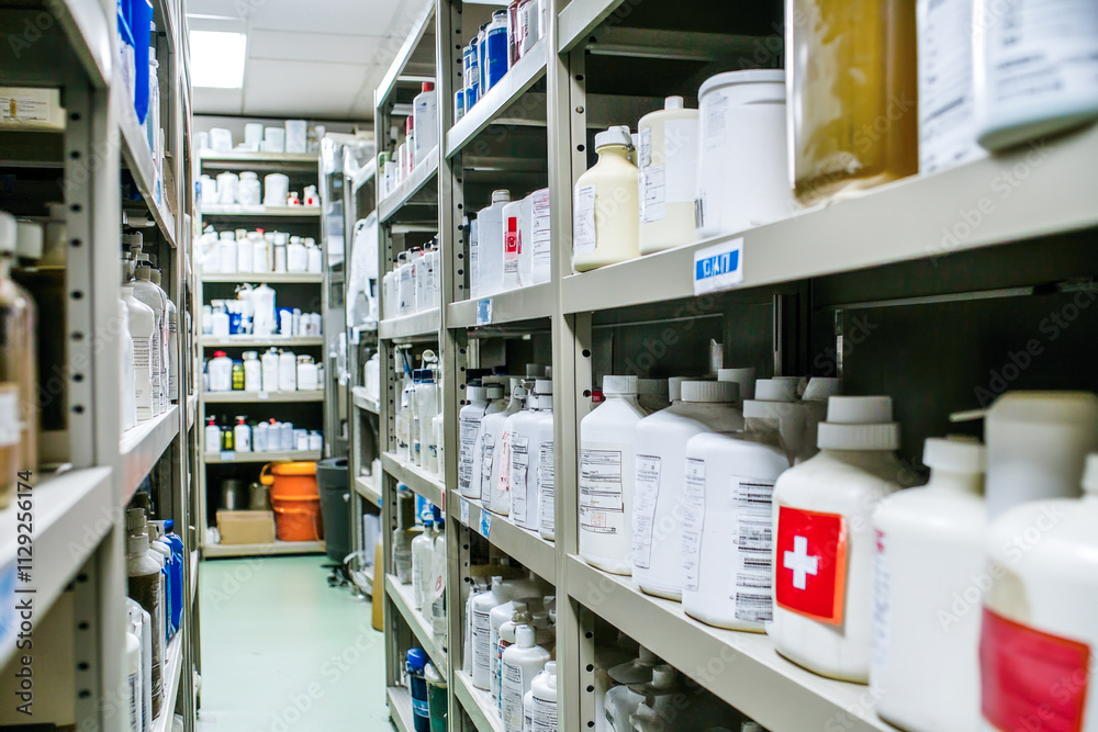 Medical supply storage room with organized shelves of bottles and containers Medical supply storage room with organized shelves of bottles and containers