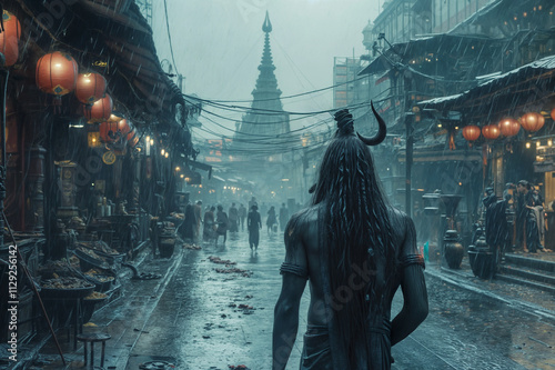 Mystical Sadhu in Traditional Shiva Attire Walking Through Rainy Asian Market Street with Temple Silhouette and Red Lanterns, Spiritual Urban Scene at Night