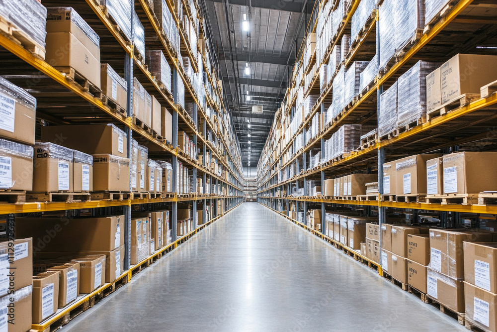 Vast warehouse interior with stacked cardboard boxes and metal shelving units Vast warehouse interior with stacked cardboard boxes and metal shelving units