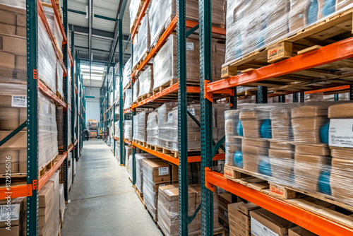 Large industrial warehouse with stacked cardboard boxes on high shelves photo