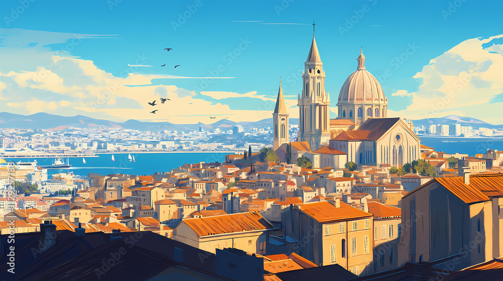 Obraz premium The notre-dame de la garde basilica, standing proudly on the hill overlooking marseille, with panoramic views of the city and sea. Basilica. Illustration