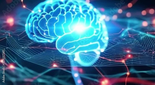 Illuminated Network of an AI Brain, Revealing Vivid Light Patterns and Glowing Pathways of Data Flow