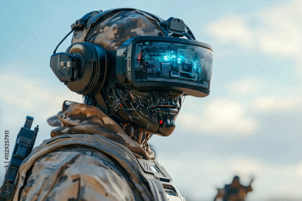 Futuristic cybernetic soldier in combat gear with virtual reality helmet Futuristic cybernetic soldier in combat gear with virtual reality helmet