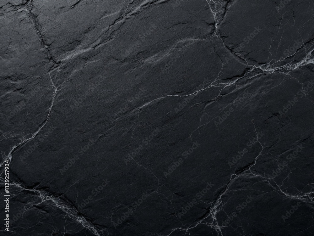 Dark slate surface showcases intricate white veining patterns, perfect for modern interiors and artistic applications at any time of day