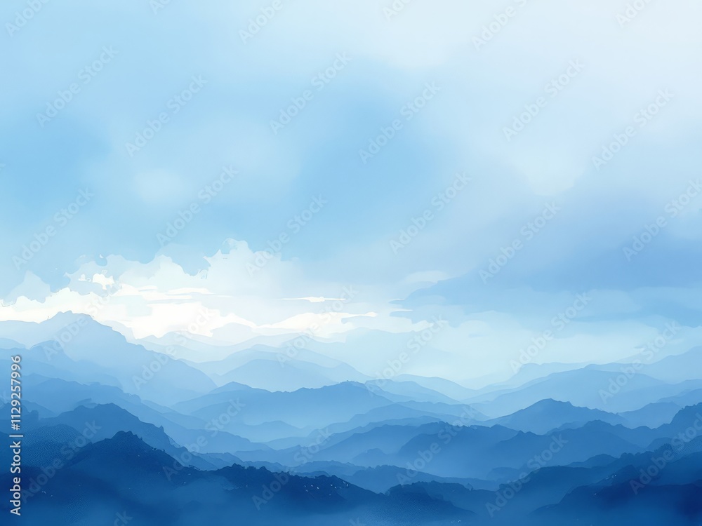 Fototapeta premium Majestic blue mountains rising under a soft cloudy sky at dawn, evoking tranquility and serenity in nature's embrace