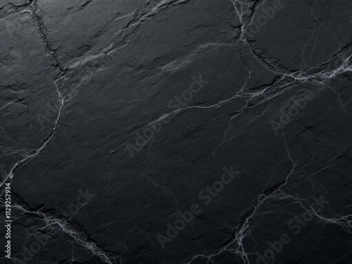 Dark slate surface showcases intricate white veining patterns, perfect for modern interiors and artistic applications at any time of day