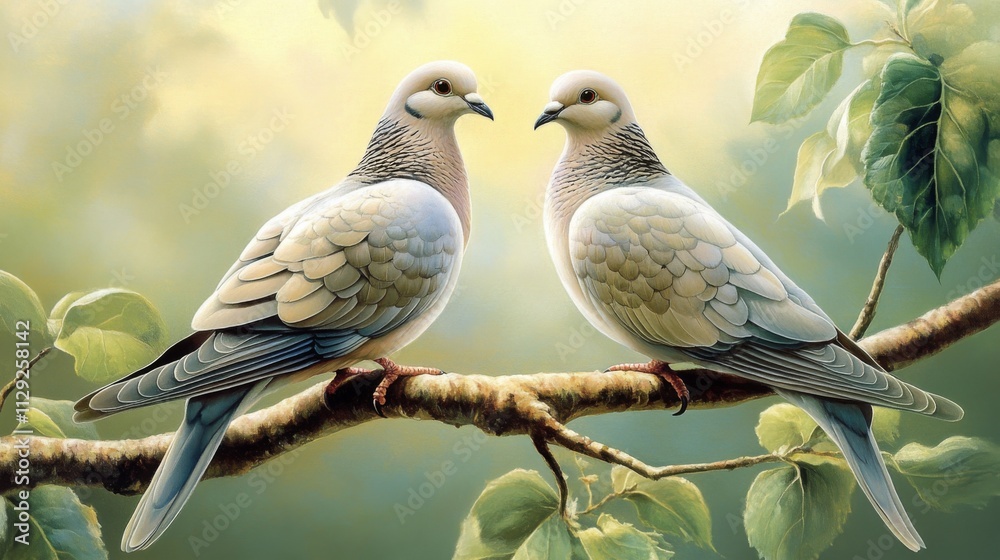 Serene Pair of Doves Perched on a Branch in Soft Nature Setting Serene Pair of Doves Perched on a Branch in Soft Nature Setting