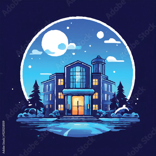 Night city panorama. Cityscape at moonlight with stars at sky. Skyscrapers and highrise modern buildings. Urban architecture at evening near river. Cartoon flat vector illustration.