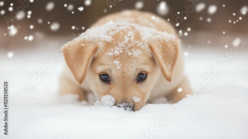 Puppy joyfully plays in the snow, burying its nose in the fluffy white powder on a winter day