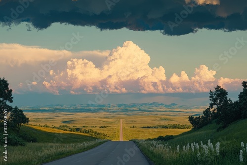 Scenic highway vanishing into vast prairie under dramatic cloudscape. photo