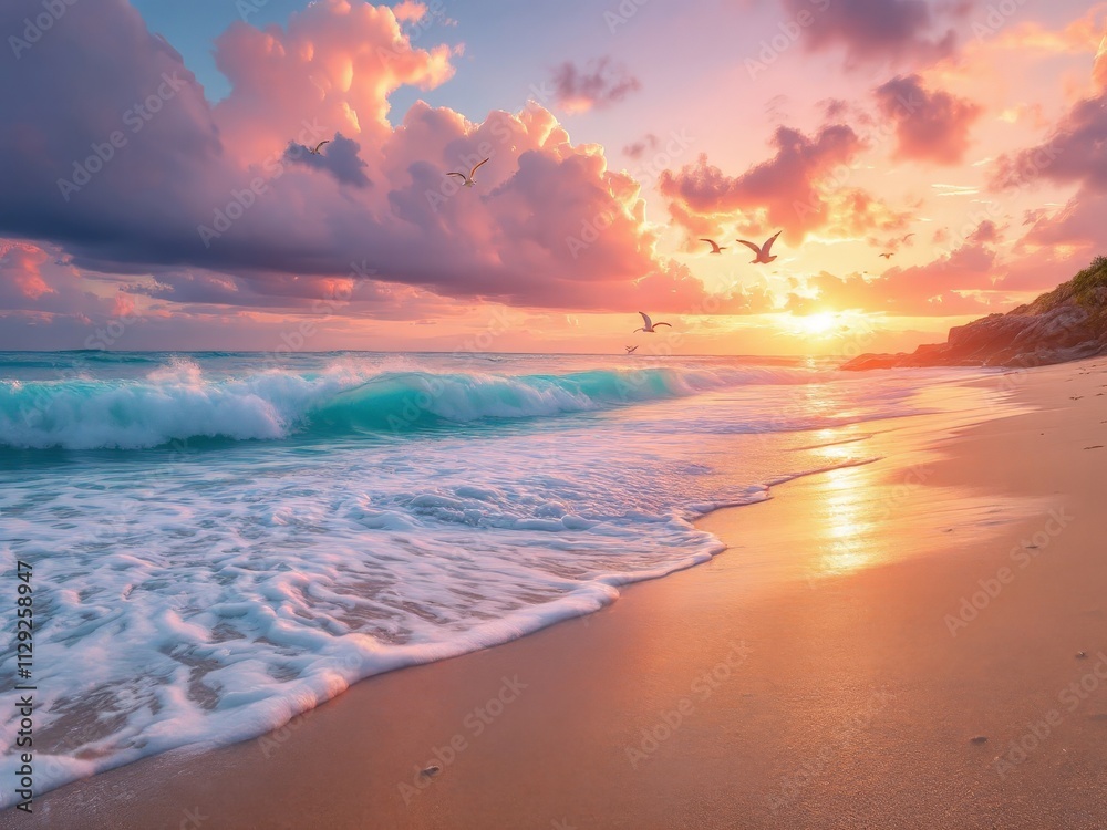 Obraz premium Colorful sunset over serene beach with gentle waves and birds soaring in the sky