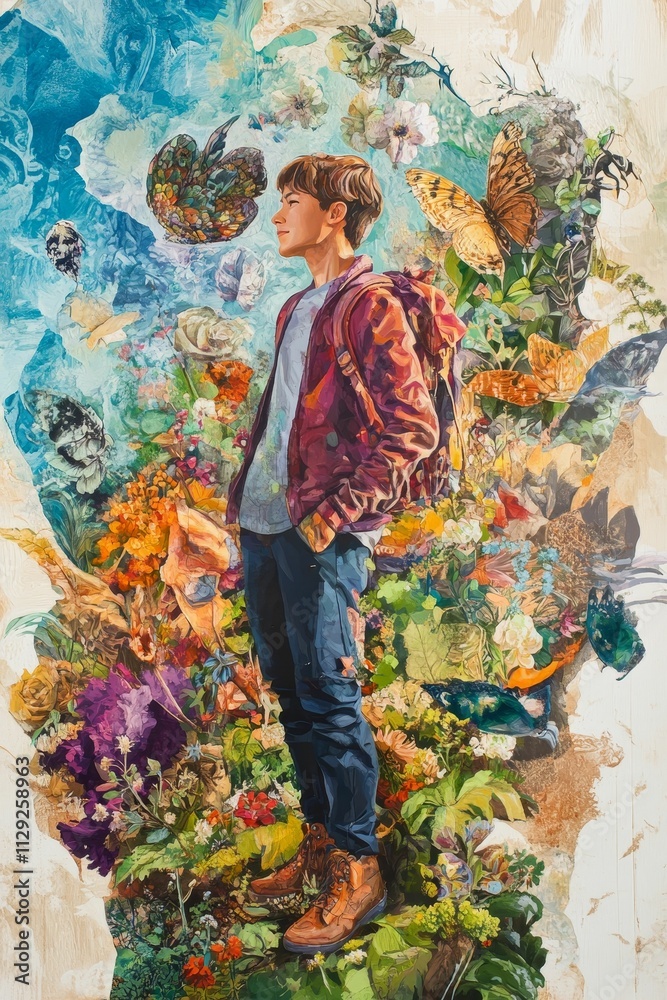 Fototapeta premium Person amidst vibrant floral, insect collage.