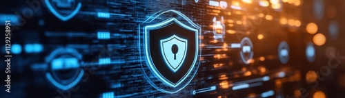 Digital security shield with glowing data background representing cybersecurity concepts.