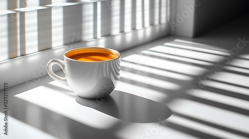 A White Coffee Cup Sits In Sunlight Near A Window