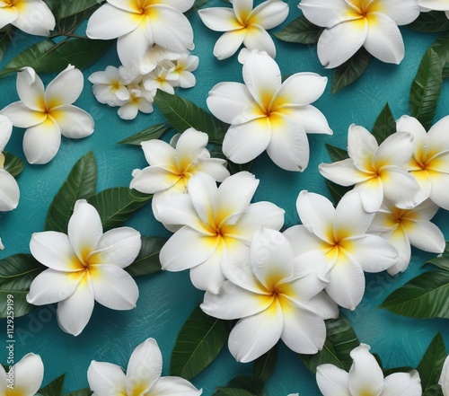 Large white plumeria flowers on a textured teal background, natural, textured
