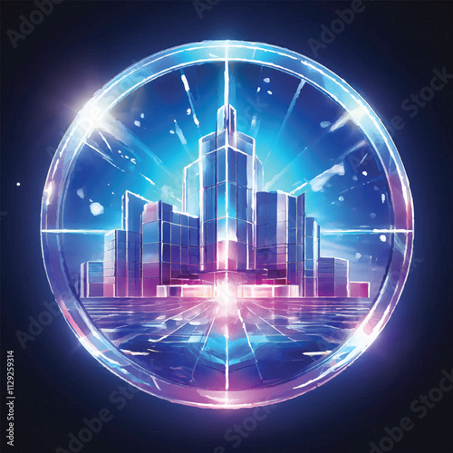 Night city panorama. Cityscape at moonlight with stars at sky. Skyscrapers and highrise modern buildings. Urban architecture at evening near river. Cartoon flat vector illustration.