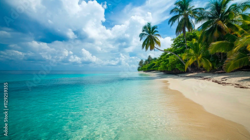 Pristine tropical beach with palm trees and crystal clear water under blue sky
