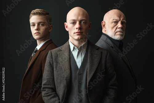 Three Generations of Men Standing Together in Formal Attire and Confident Expressions