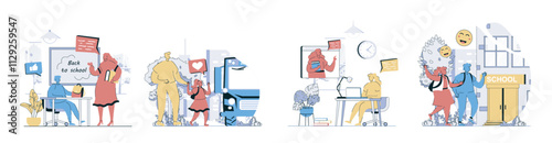 Back to school concept set in flat design for web. Collection with people studying at classes, pupils learning with teacher, parent with kid near bus, student at video lecture. Vector illustrations.