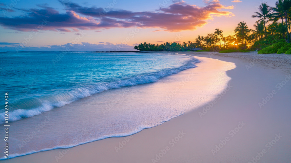 Obraz premium Tranquil sunset over tropical beach with gentle waves and palm trees