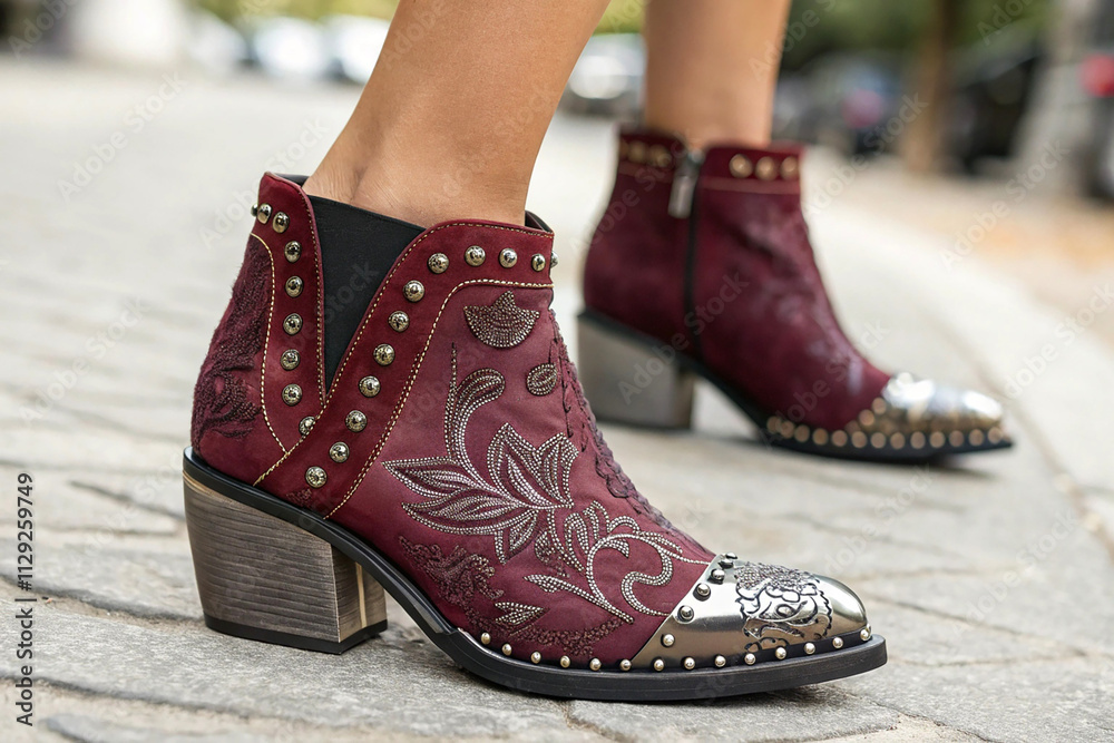 Naklejka premium Maroon Etched Metal Toe Chunky Heel Western Booties for Women