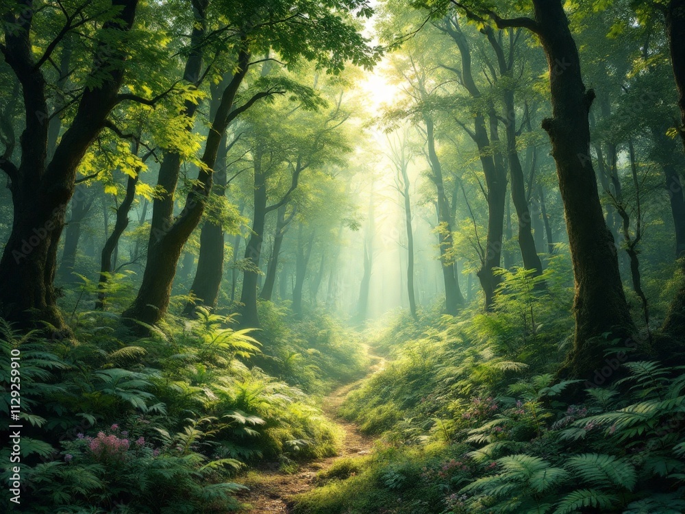 Obraz premium Light filters through a lush forest, illuminating a winding path in a serene, green paradise during early morning hours