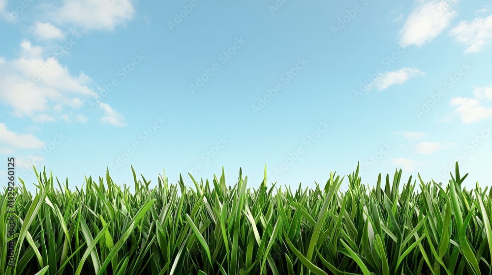 Fototapeta premium Lush Green Grass Field Under a Bright Blue Sky with Soft White Clouds in a Beautiful Daylight Scene Capturing the Essence of Nature and Tranquility