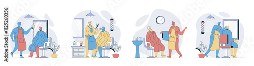 Barbershop concept set in flat design for web. Collection with people getting professional haircut, barber styling beard, hairdressers shaving mustaches, doing care procedures. Vector illustrations.