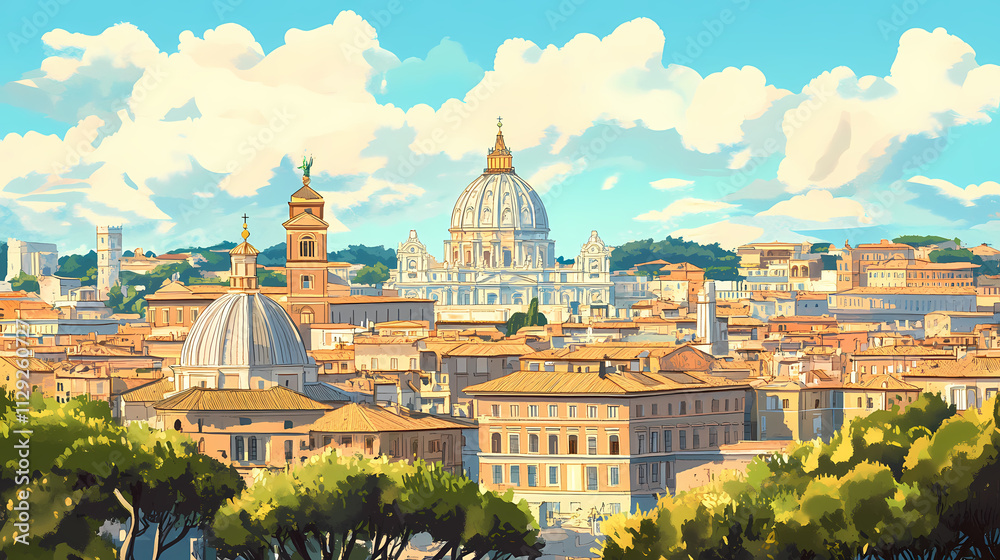 Fototapeta premium Rome old city view,. Basilica. Illustration