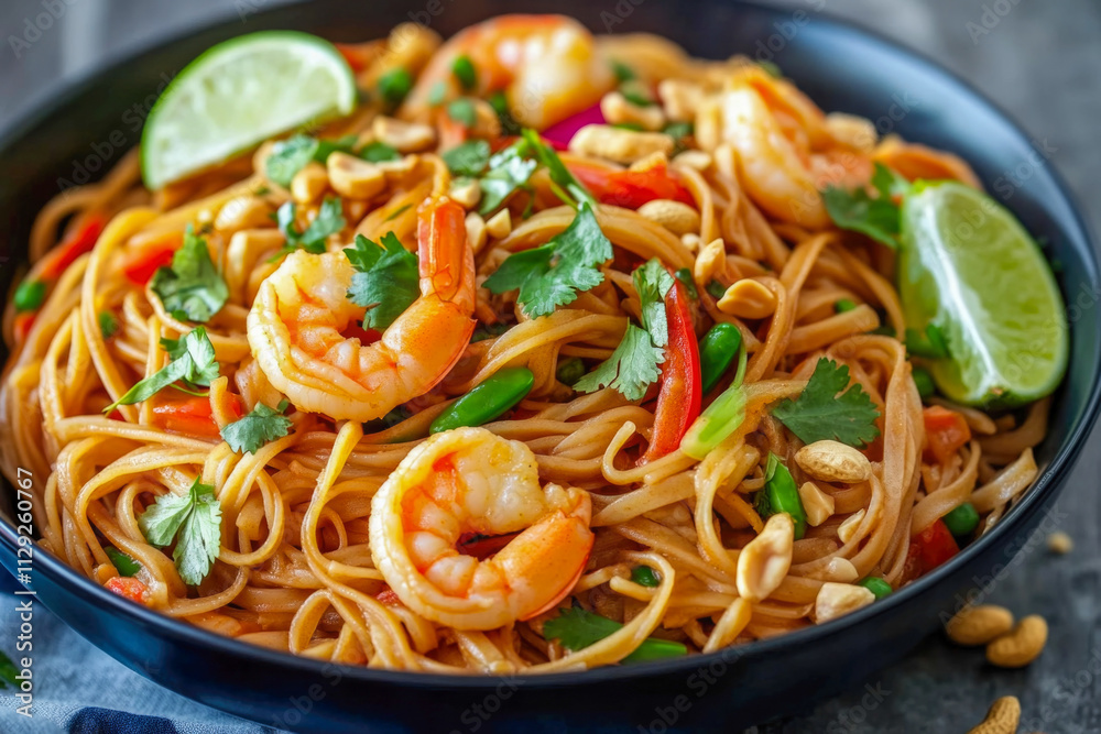Delicious thai shrimp pad thai with lime and peanuts Delicious thai shrimp pad thai with lime and peanuts