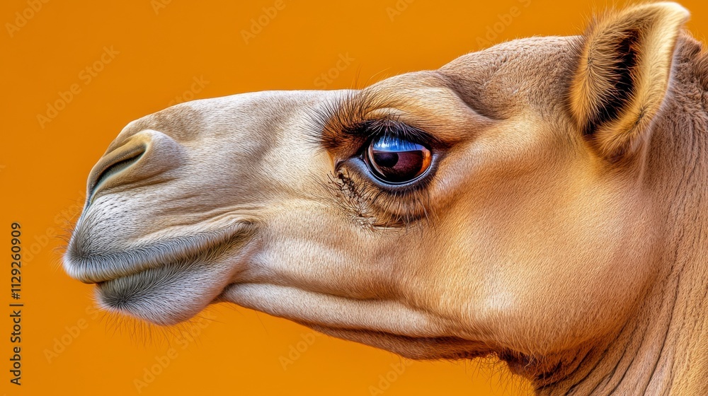 Obraz premium Majestic Camel Portrait Against Vibrant Orange Background, Capturing the Grace and Strength of This Iconic Desert Animal in Stunning Detail and Clarity