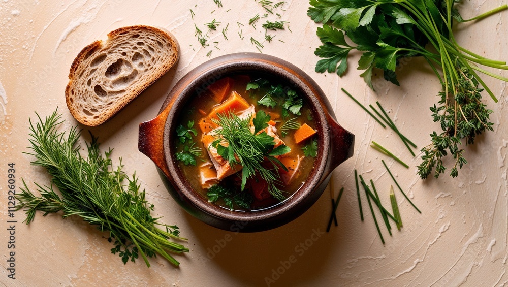 Top View of Warm Finnish Salmon Soup with Rye Bread Top View of Warm Finnish Salmon Soup with Rye Bread