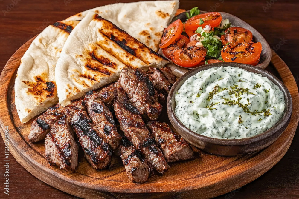 Grilled lamb with pita, yogurt sauce, and grilled tomatoes on wooden plate Grilled lamb with pita, yogurt sauce, and grilled tomatoes on wooden plate