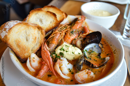 Delicious seafood bouillabaisse with grilled bread and aioli garnish