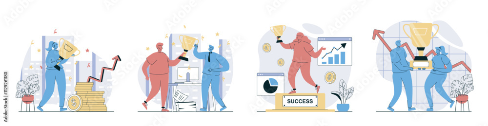 Business award concept set in flat design for web. Collection with people working together and achieving career goals, celebrating win, get golden trophy cup and increase profit. Vector illustrations. Business award concept set in flat design for web. Collection with people working together and achieving career goals, celebrating win, get golden trophy cup and increase profit. Vector illustrations.