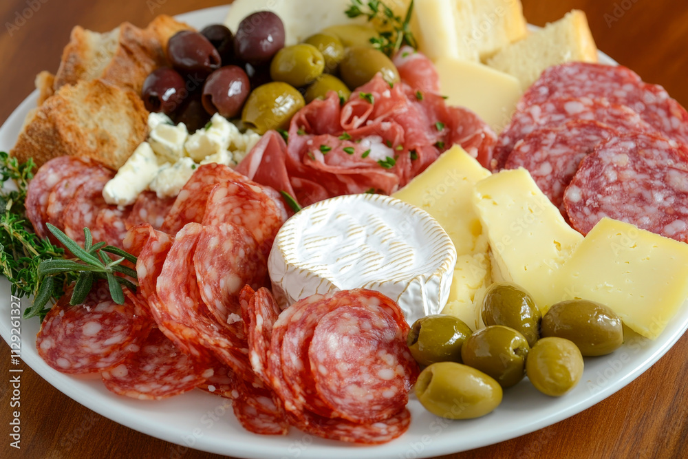 Delicious charcuterie board with salami, cheese, and olives Delicious charcuterie board with salami, cheese, and olives