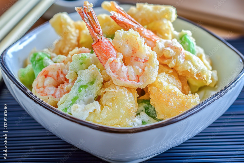 Crispy shrimp and vegetable tempura in white bowl Crispy shrimp and vegetable tempura in white bowl