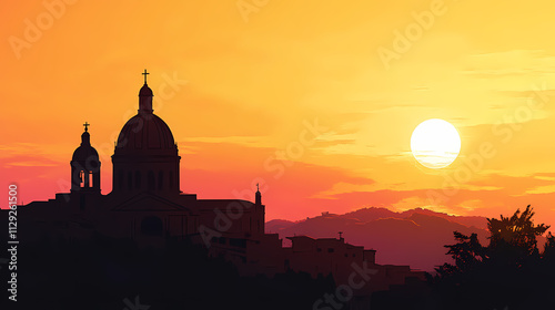Silhouette of st sebastian basilica steeple in ferla sicily at sunset. Basilica. Illustration