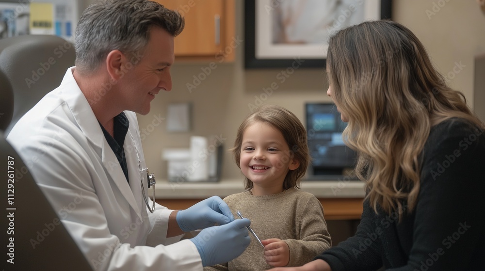 calm, professional doctor performing a routine check-up on a child while the parent smiles, the room warm and inviting calm, professional doctor performing a routine check-up on a child while the parent smiles, the room warm and inviting