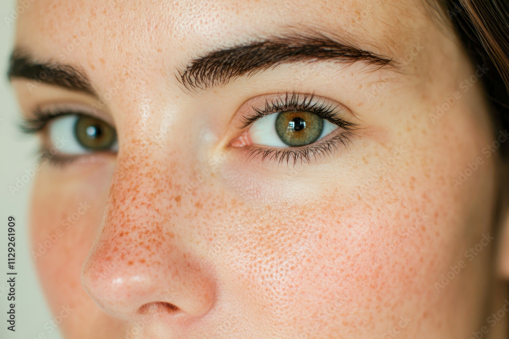 Fototapeta premium Close-up of caucasian female's freckled face with green eyes